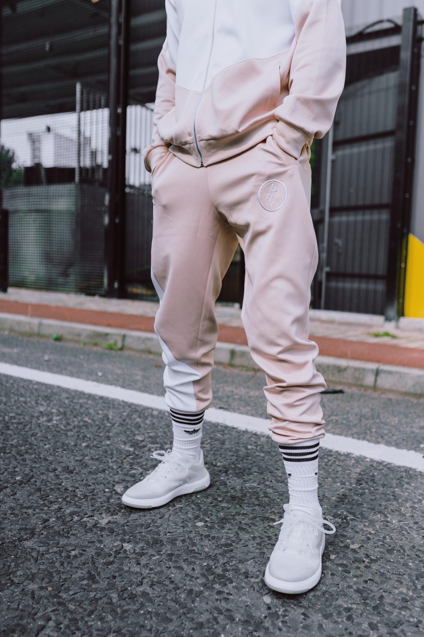 Beige and White Tracksuit bottoms