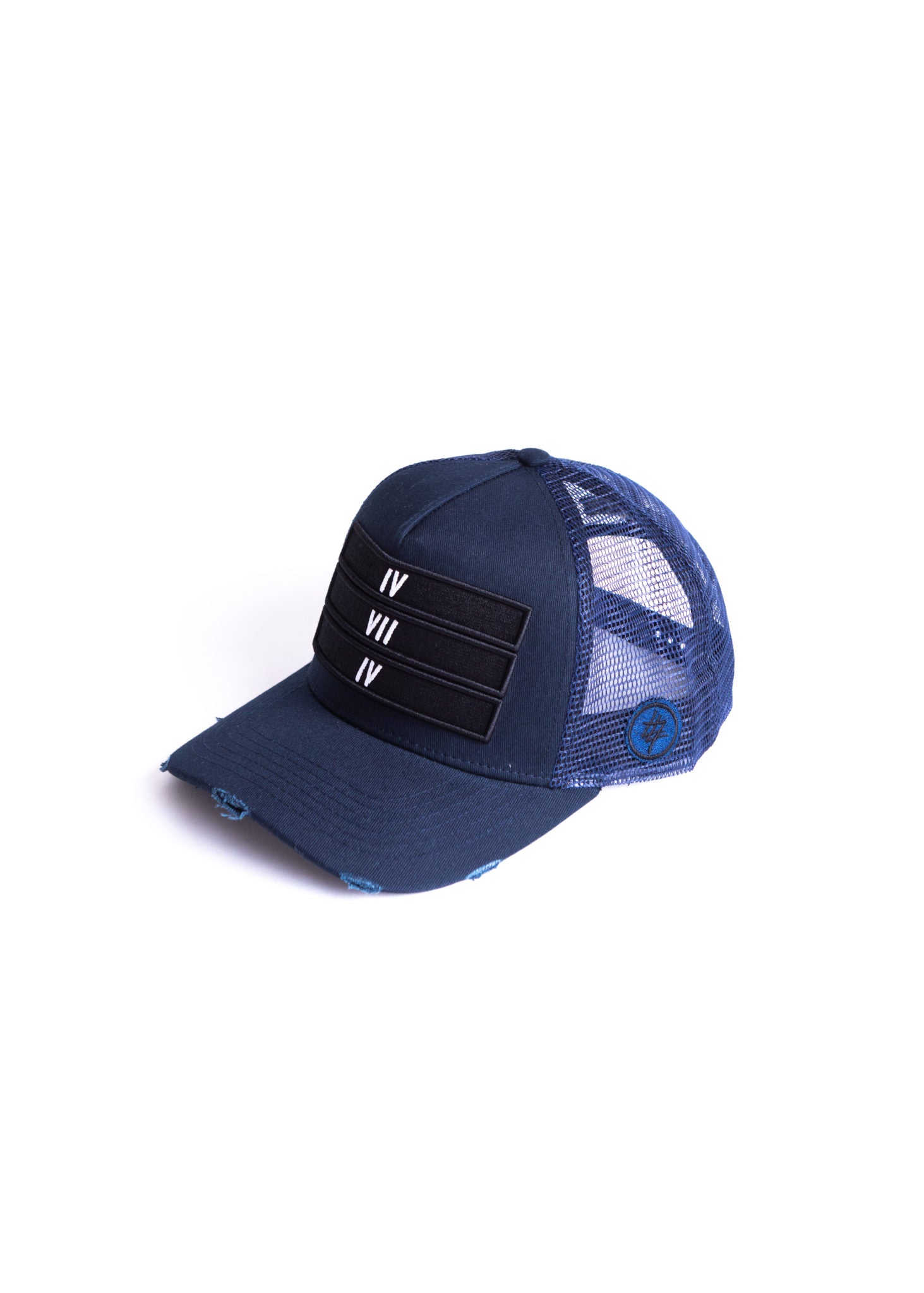 Navy Blue 474 Black 3D Distressed Trucker Cap