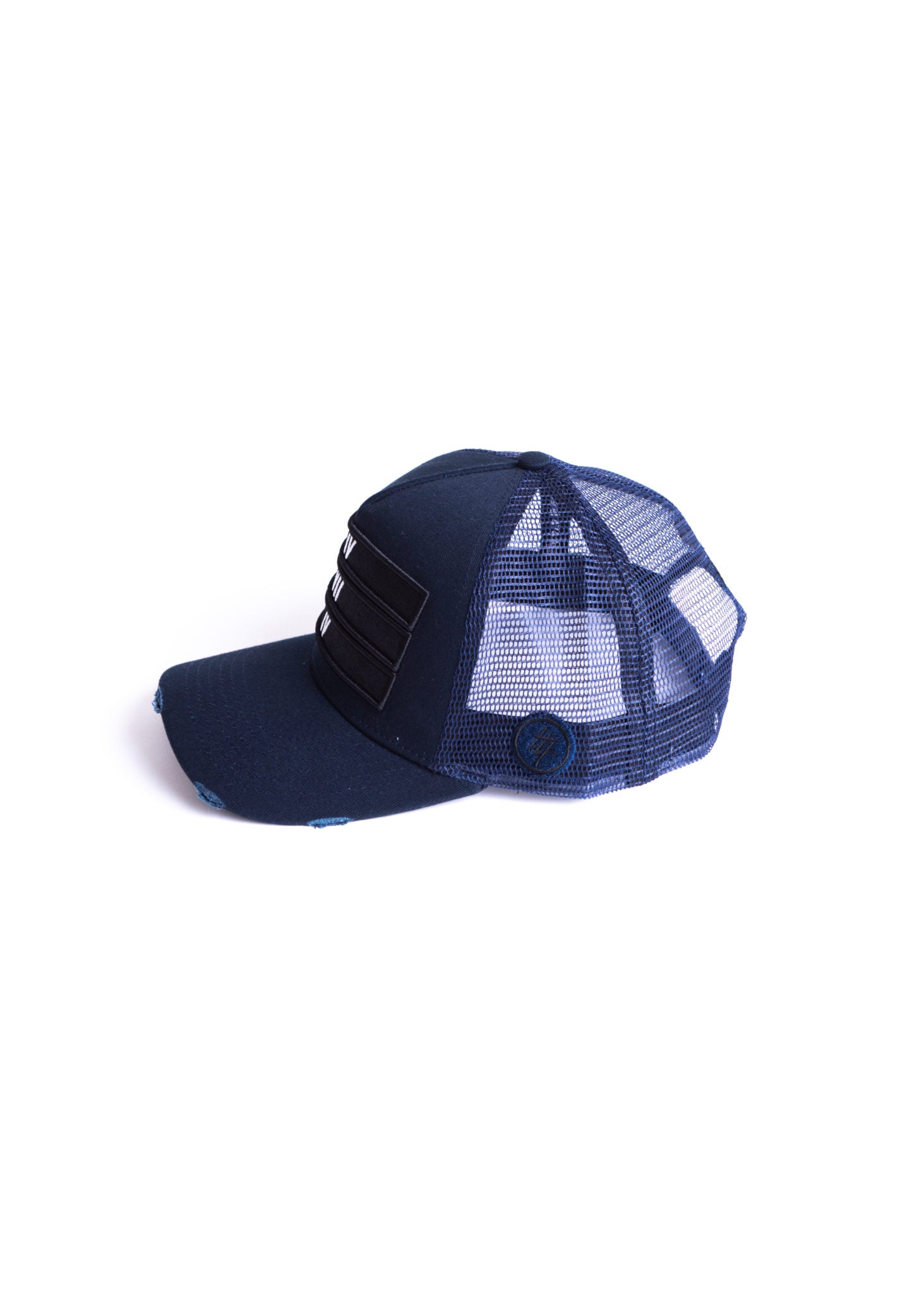 Navy Blue 474 Black 3D Distressed Trucker Cap