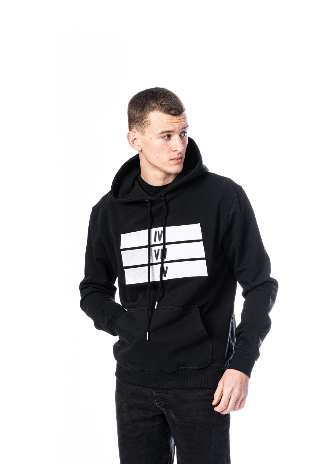 Organic Cotton Black and White 3 Bars Hoodie - Black